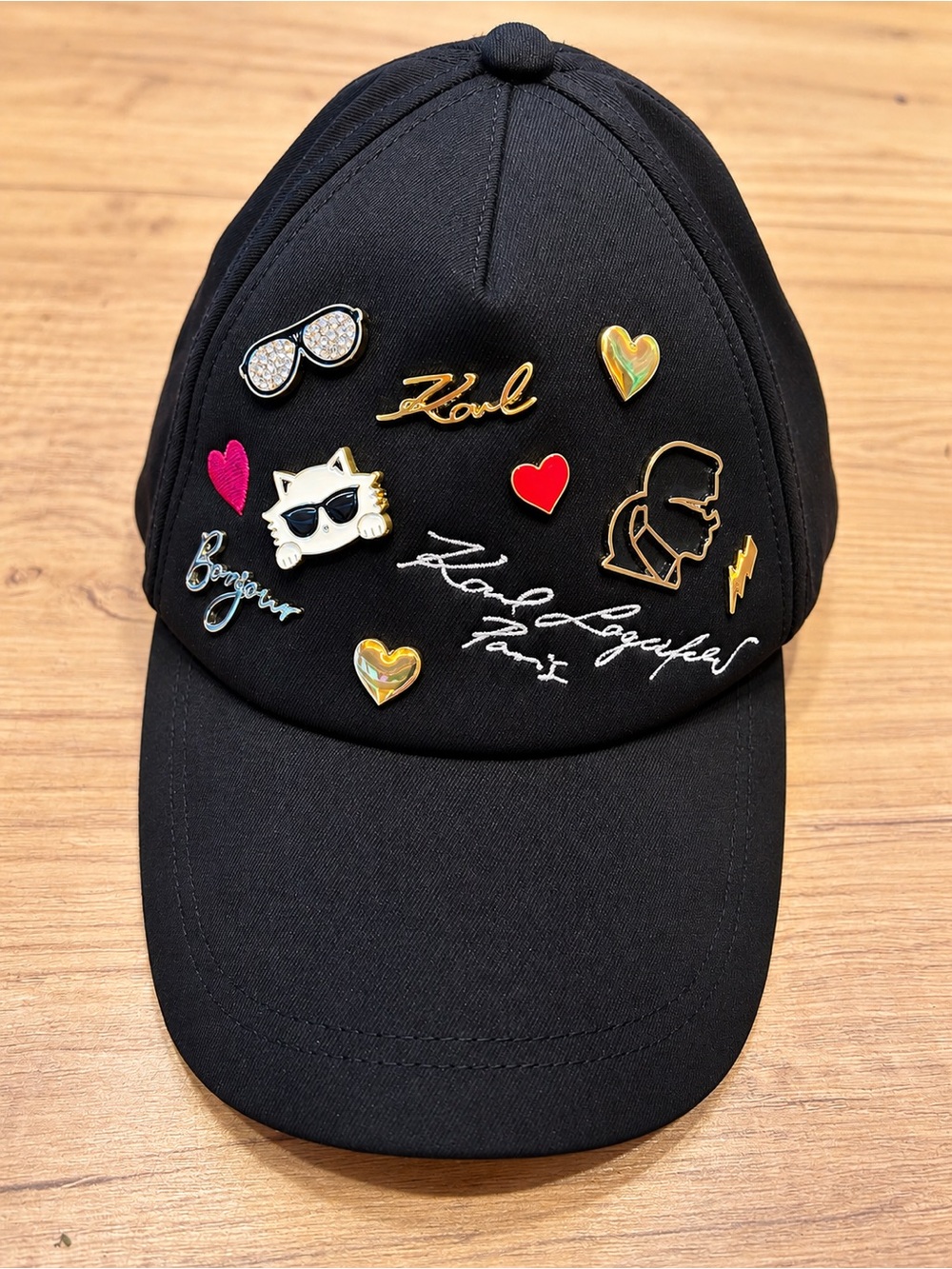 Karl Lagerfeld Black Cap with Enamel Pin Accents